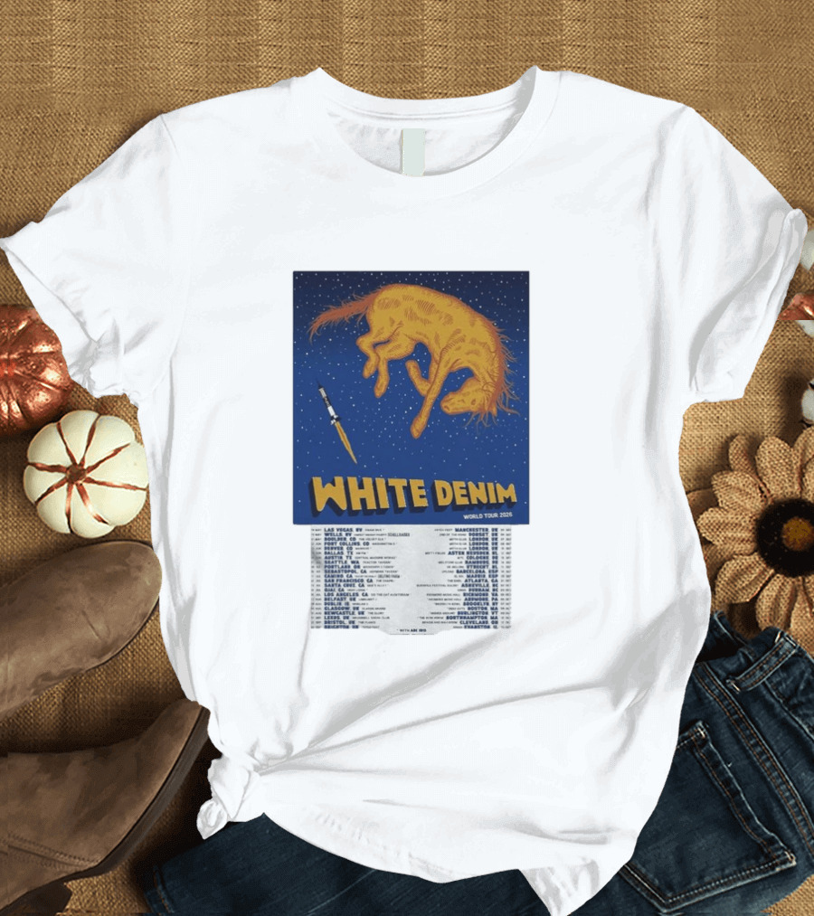 White Denim World Tour 2026 Tour Dates And Cities With Starry Night Horse Scene T-Shirt