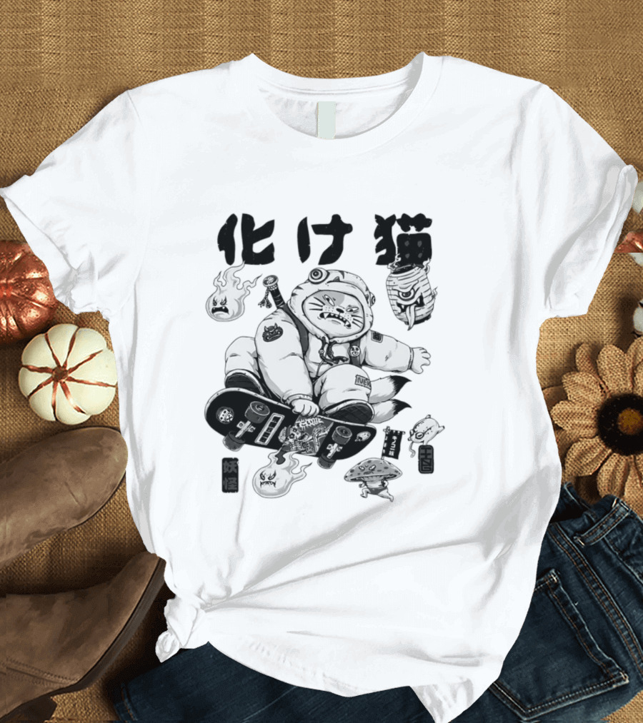 Bakeneko Gang Skateboarding Cat Demon Kanji T-Shirt