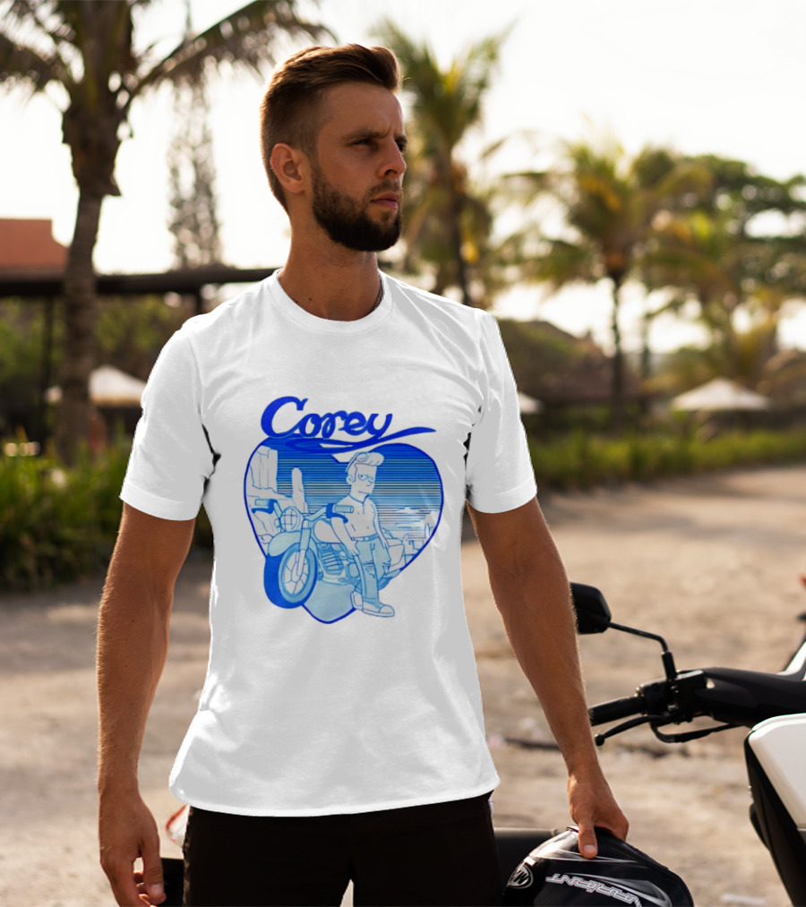 Corey Simpson Motorcycle In Heart Retro Cartoon Style With Blue Desert T-Shirt