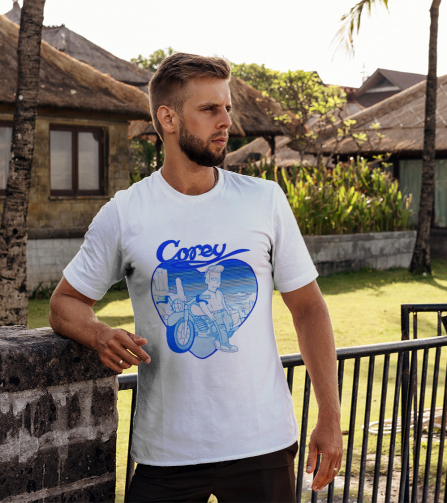 Corey Simpson Motorcycle In Heart Retro Cartoon Style With Blue Desert T-Shirt