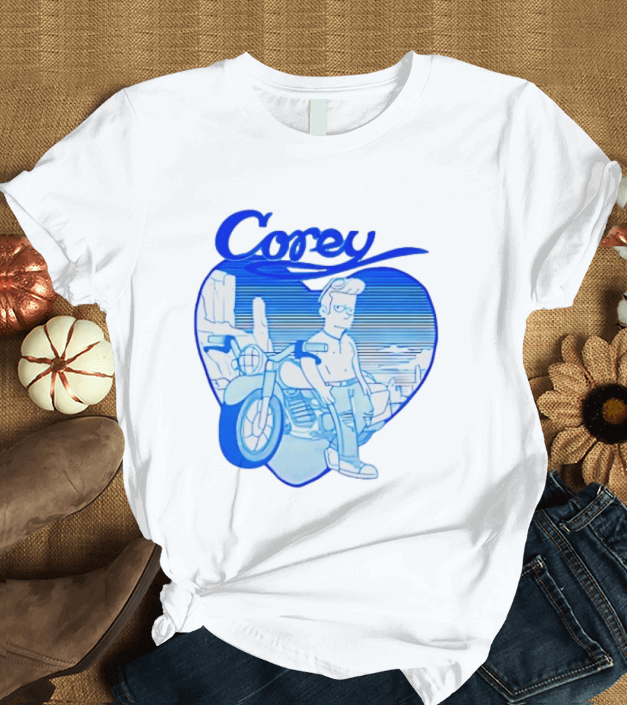 Corey Simpson Motorcycle In Heart Retro Cartoon Style With Blue Desert T-Shirt