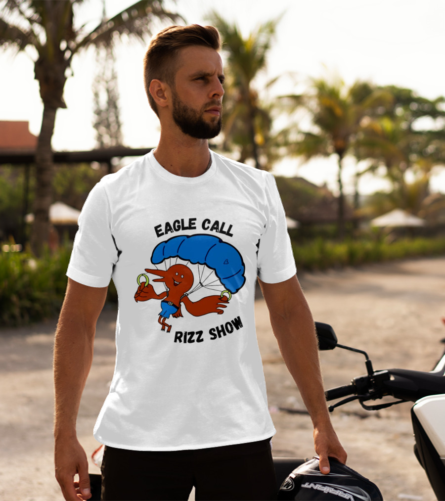 Eagle Call Rizz Show Parachuting Bird Character With Blue Canopy T-Shirt