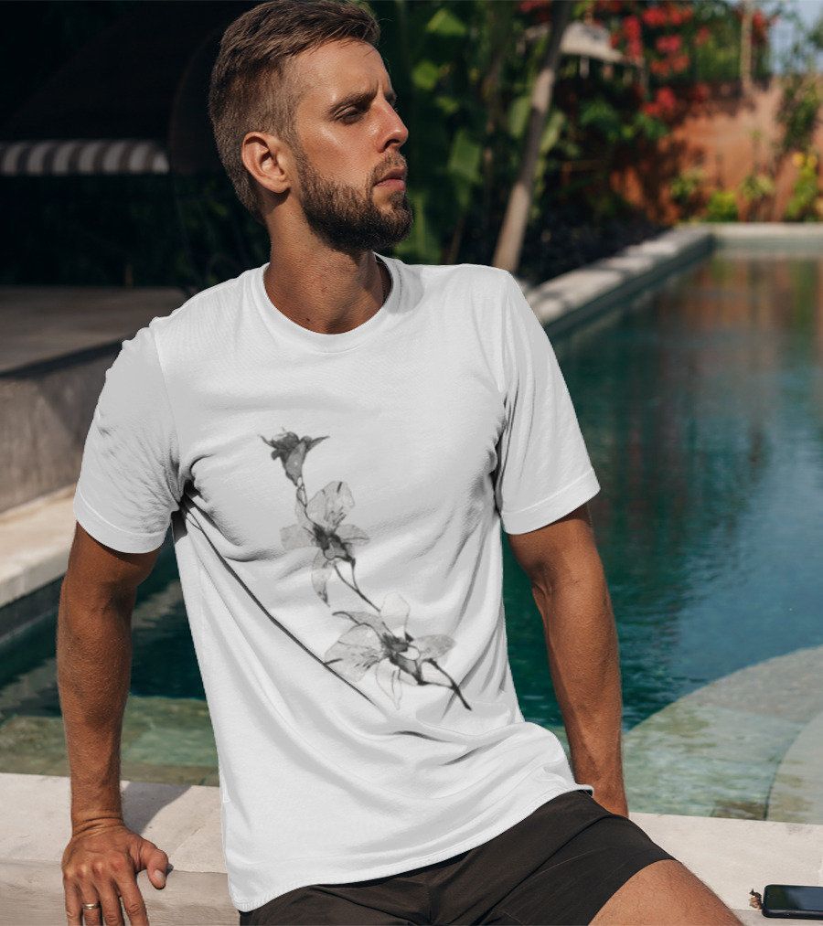 Orchid Flower Botanical Illustration Monochrome Blossom Print T-Shirt
