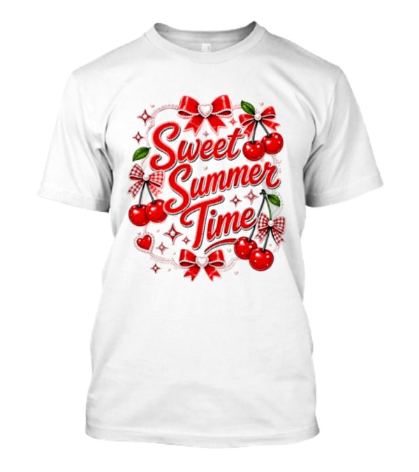 Sweet Summer Time Cherry Pearl Ribbon Hearts Bows T-Shirt