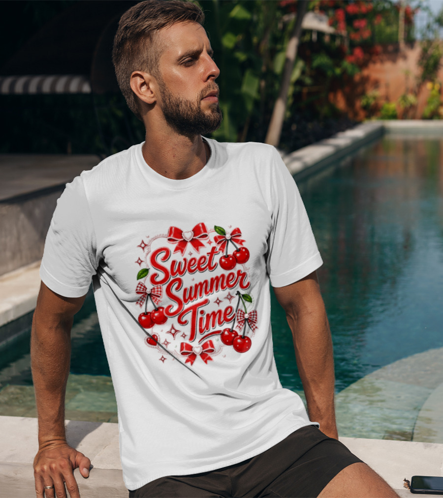 Sweet Summer Time Cherry Pearl Ribbon Hearts Bows T-Shirt