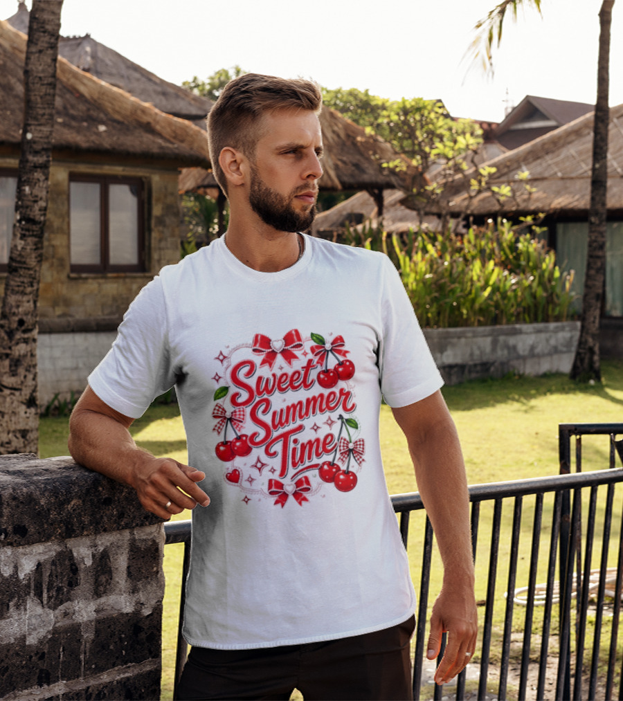 Sweet Summer Time Cherry Pearl Ribbon Hearts Bows T-Shirt