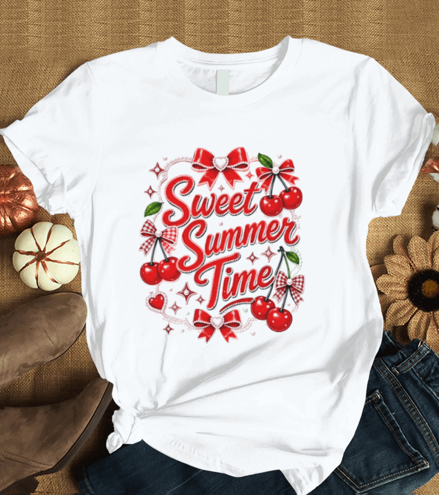 Sweet Summer Time Cherry Pearl Ribbon Hearts Bows T-Shirt