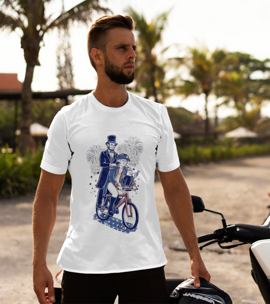 Abraham Lincoln George Washington Eagle Bicycle Fireworks Celebration T-Shirt