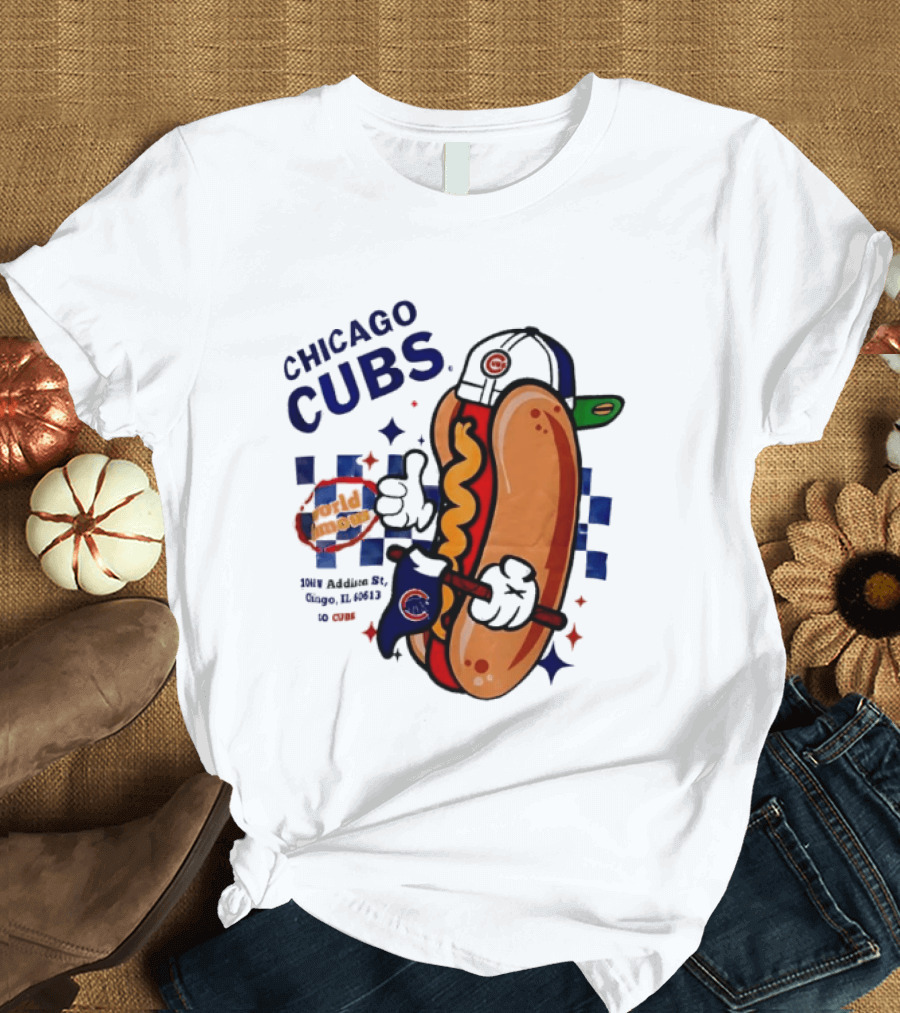 Chicago Cubs World Famous 1060 Addison St Hot Dog Wrigley Field Baseball Fan T-Shirt