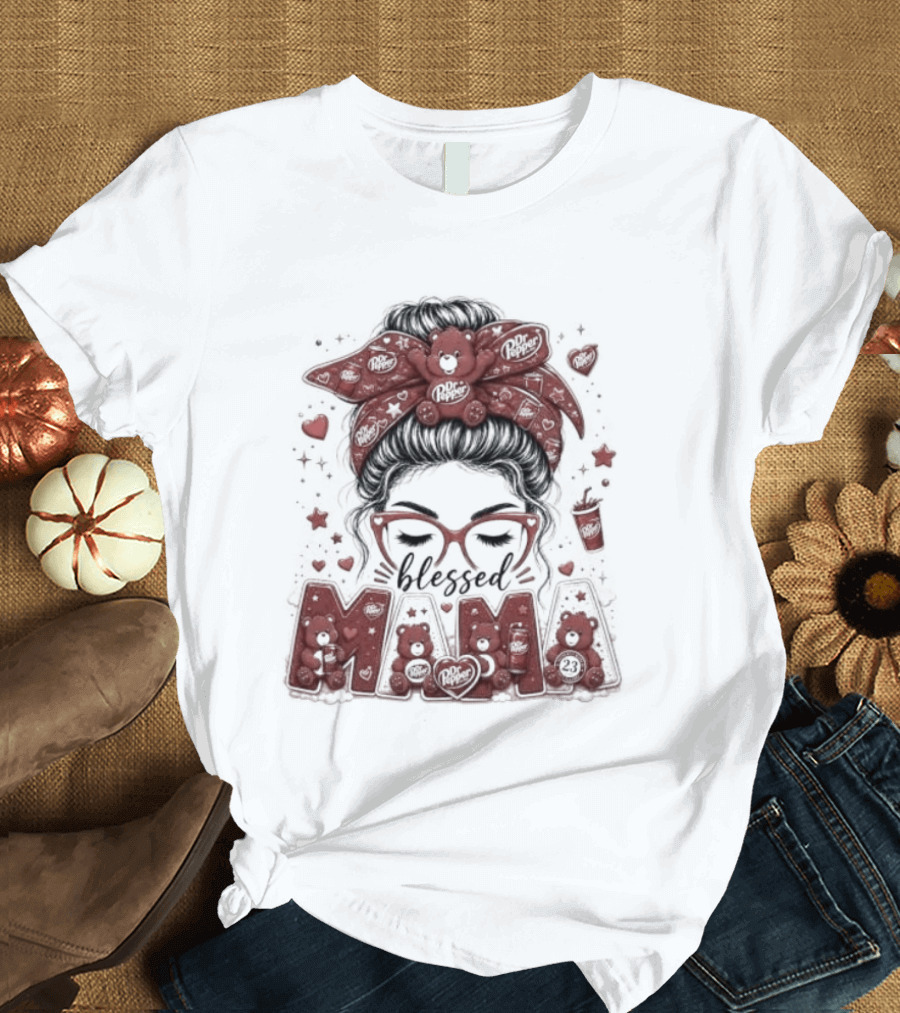 Messy Bun Dr Pepper Blessed Mama Glasses And Bandana T-Shirt