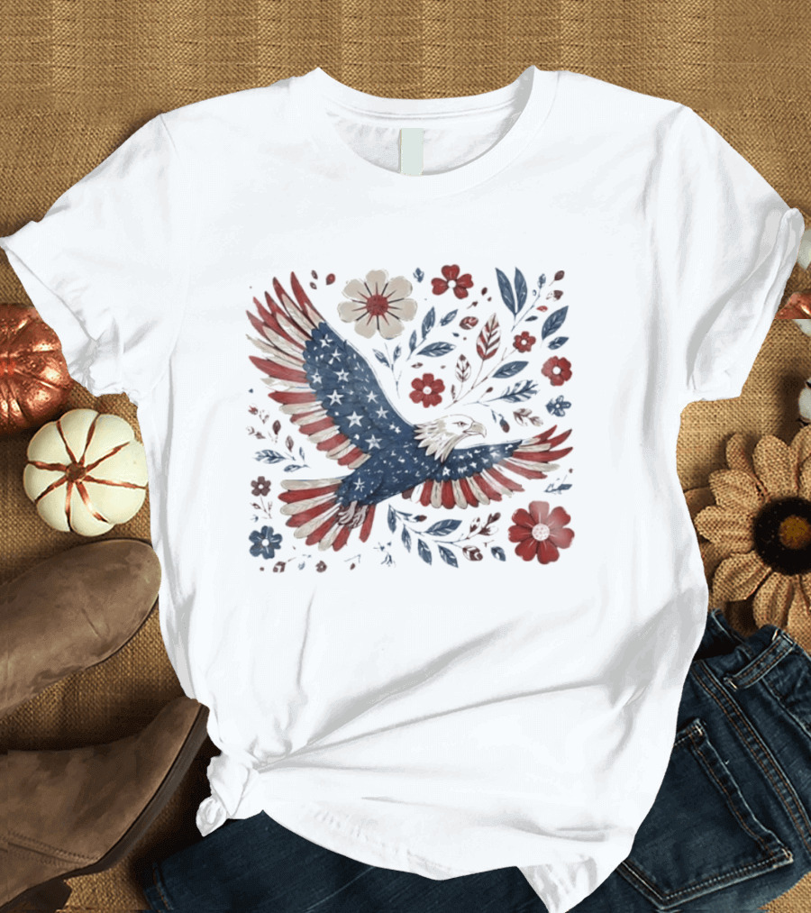 Patriotic Eagle 4th Of July USA 250th Anniversary Freedom Floral T-Shirt