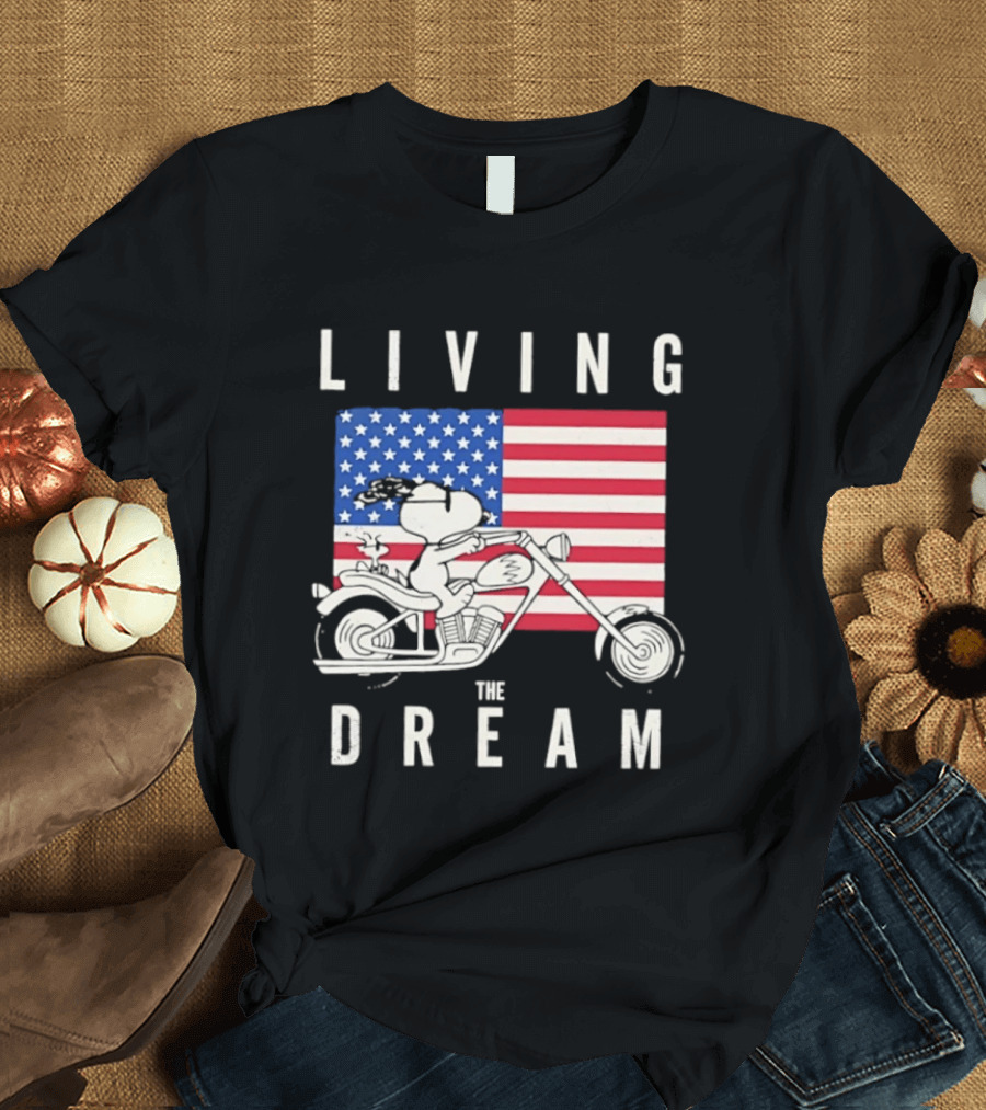Living The Dream Snoopy Woodstock Motorcycle American Flag Peanuts T-Shirt
