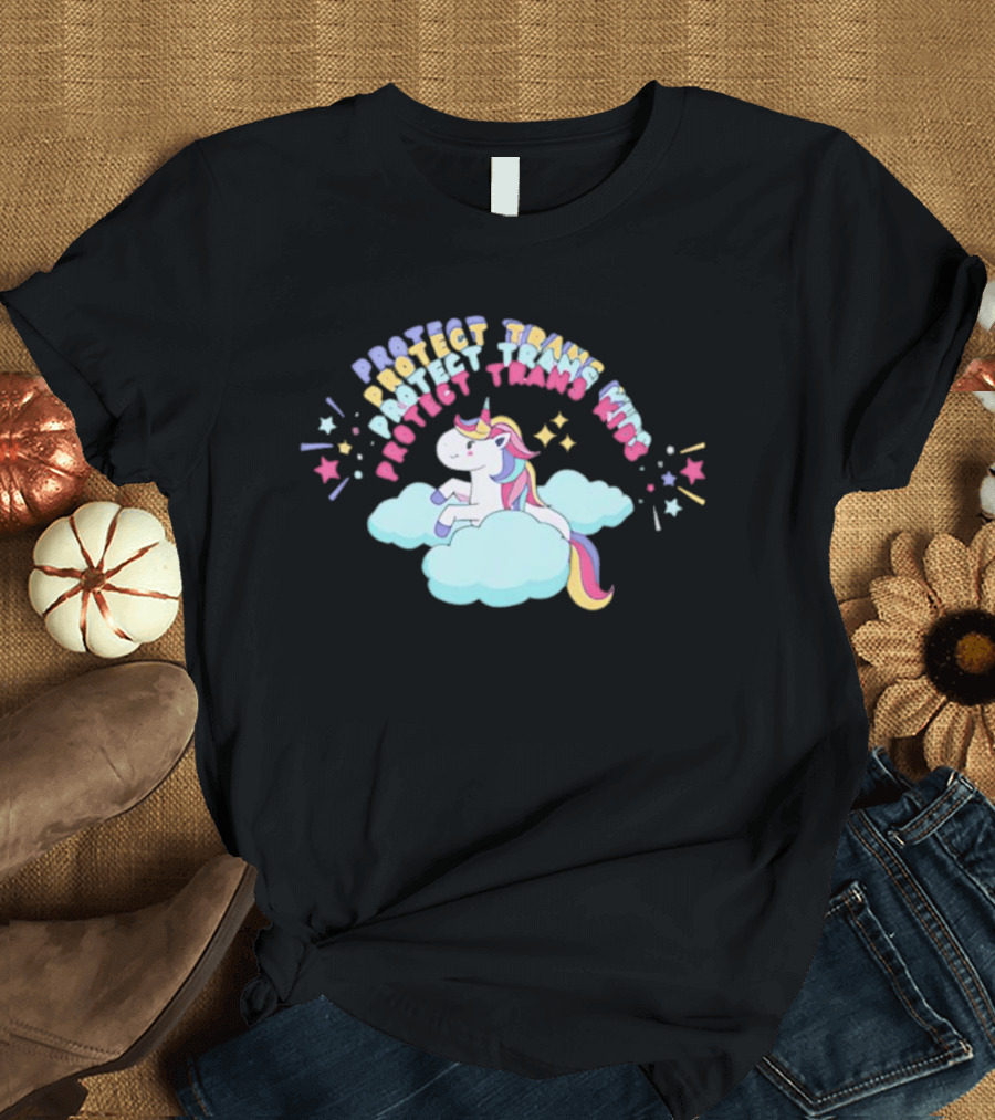 Protect Trans Kids Unicorn Rainbow Stars Cloud T-Shirt