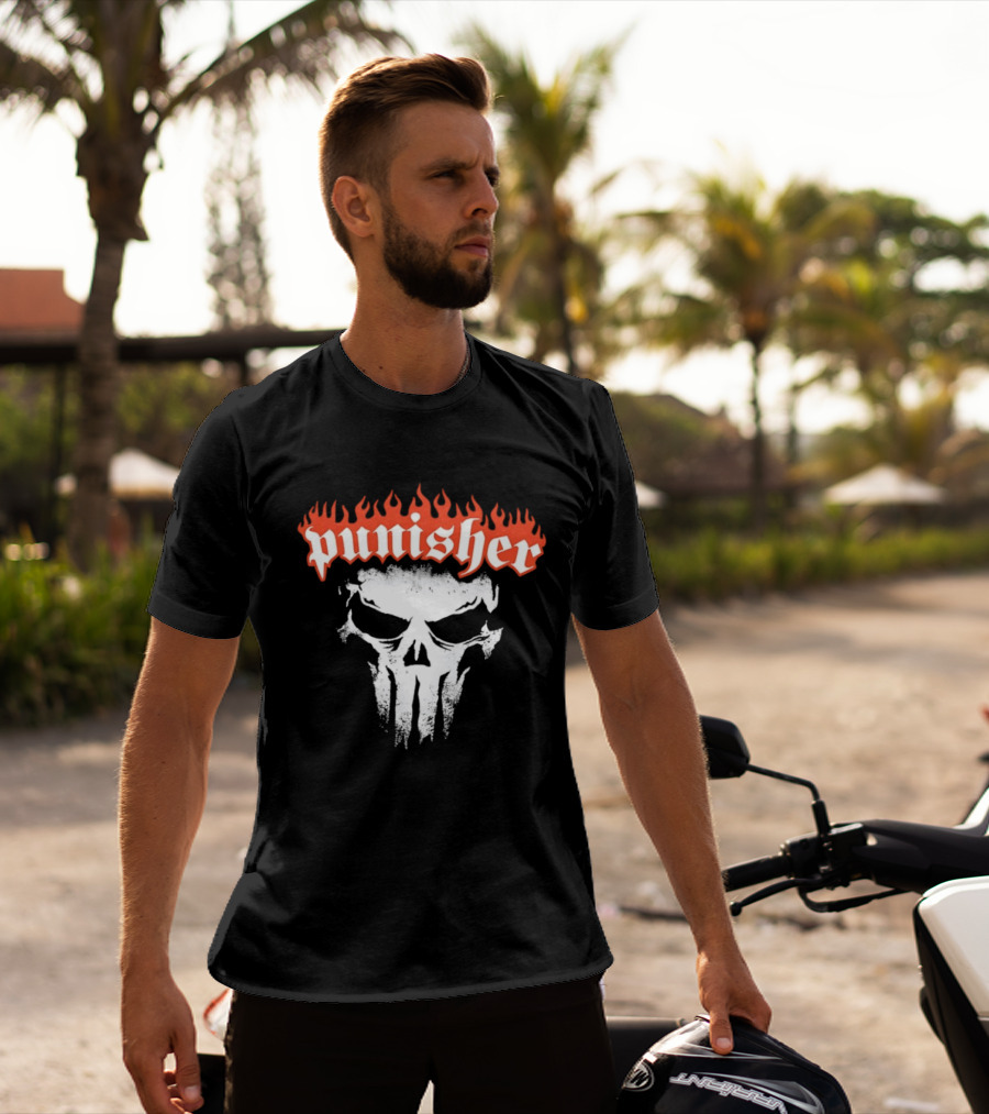 Punisher Skull Flame Graphic With Fiery T-Shirt