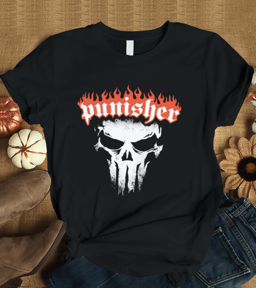 Punisher Skull Flame Graphic With Fiery T-Shirt