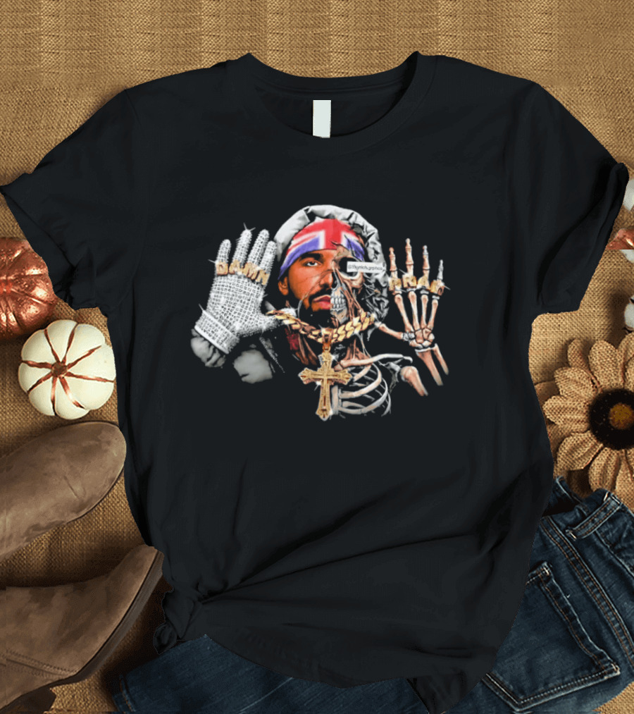 Damn Pray Skeleton Half Face Union Jack Diamond Glove Cross Necklace T-Shirt