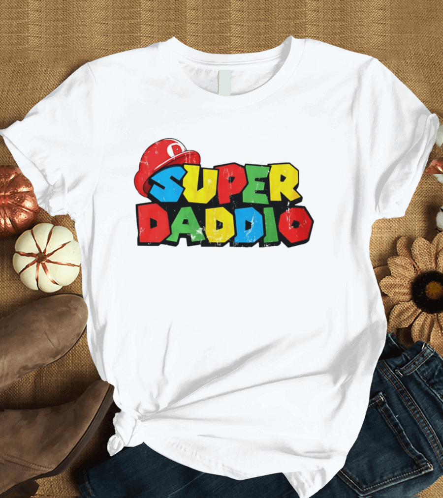 Super Daddio Mario Cartoon Colorful Text With Red Hat T-Shirt