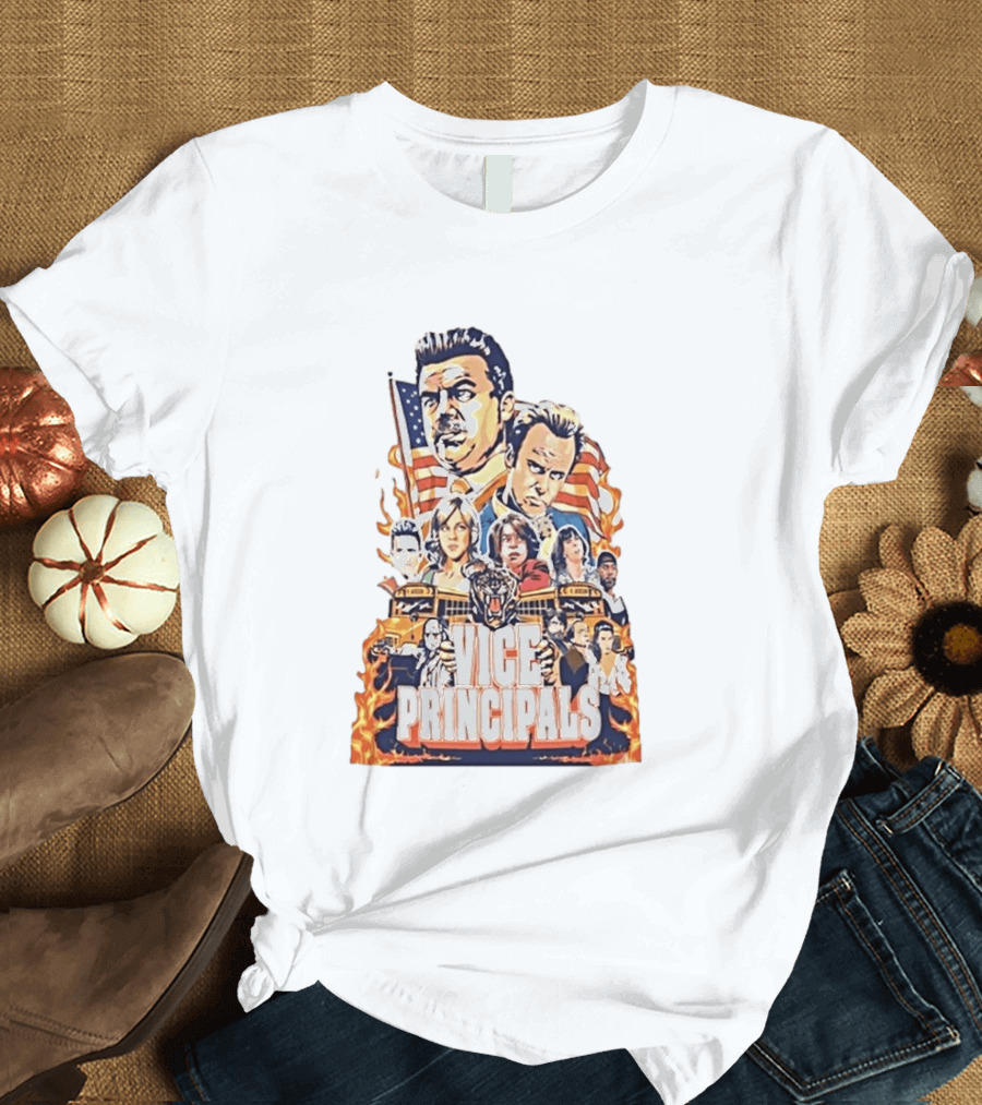 Vice Principals TV Show Cast Collage With School Bus And American Flag T-Shirt
