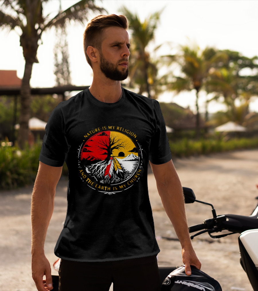 NATURE IS MY RELIGION AND THE EARTH IS MY CHURCH Tree Circle Red Yellow Feather T-Shirt