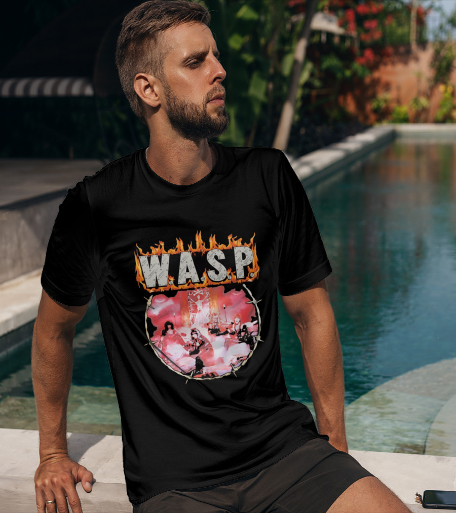 W.A.S.P. Band Fire With Group Photo And Flaming T-Shirt