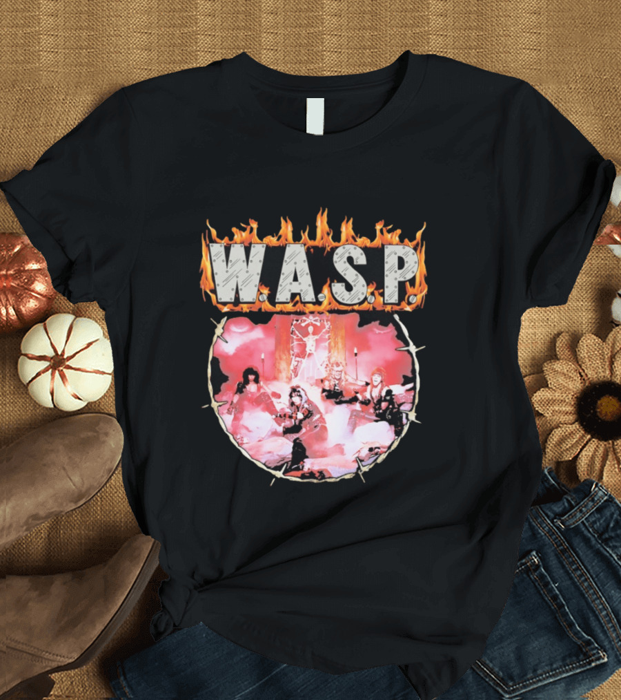 W.A.S.P. Band Fire With Group Photo And Flaming T-Shirt