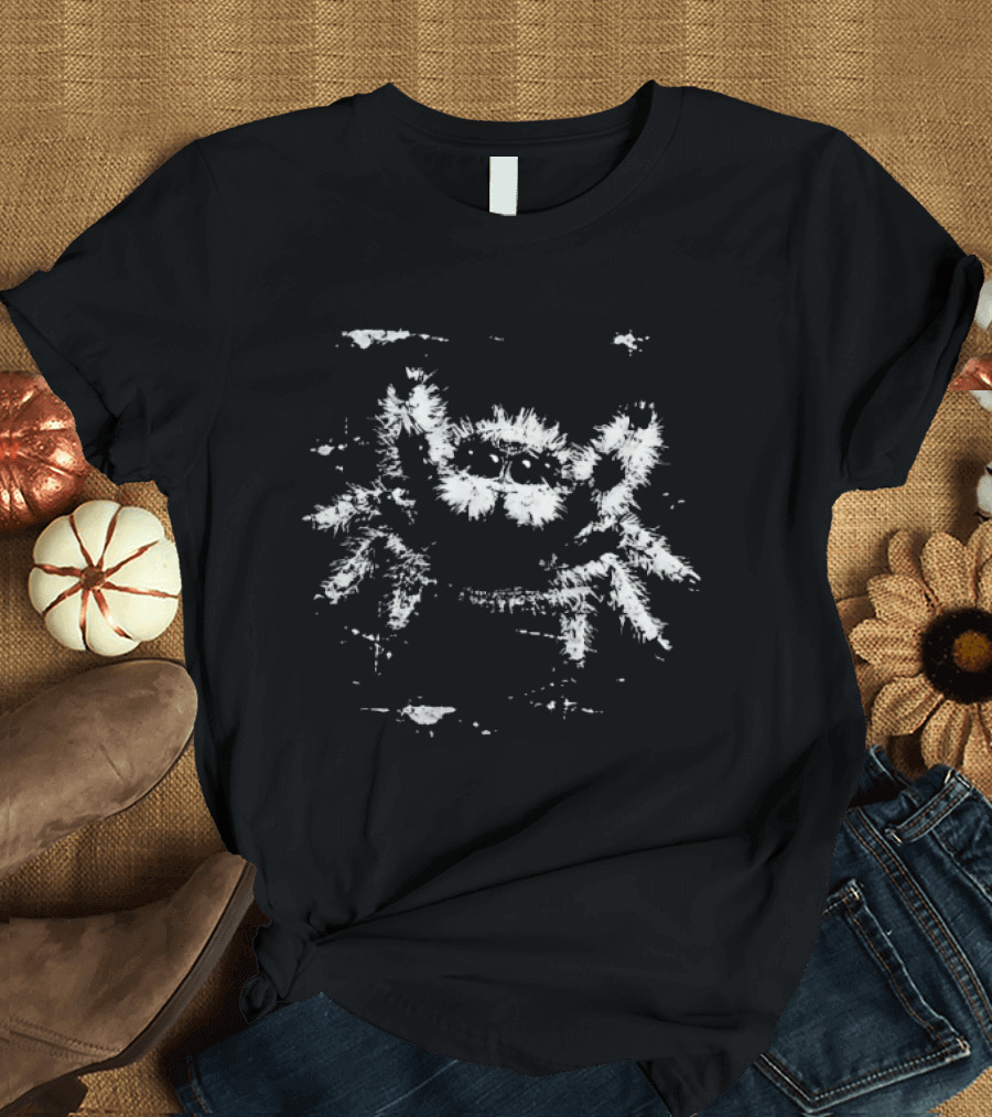 Jumping Spider Sketch White On Black T-Shirt