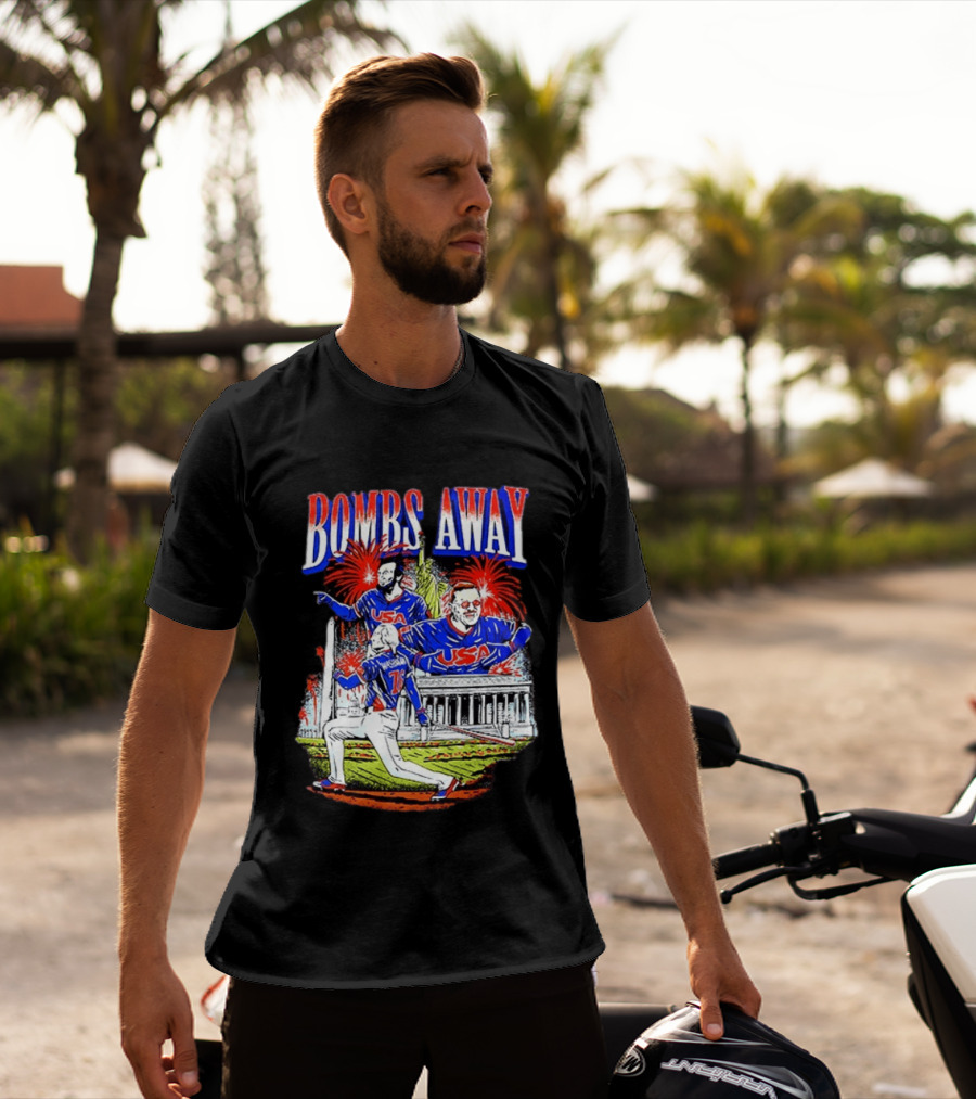 Bombs Away USA Firework Celebration And Baseball Scene T-Shirt