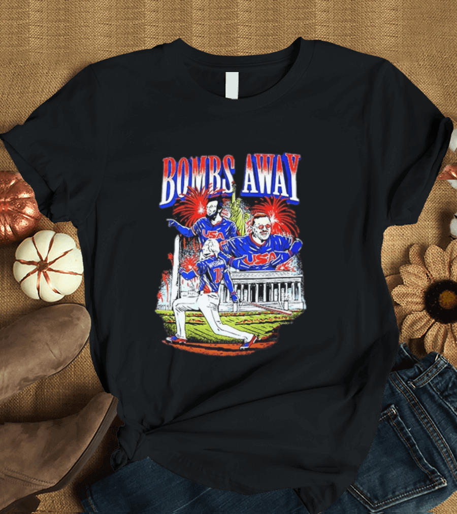 Bombs Away USA Firework Celebration And Baseball Scene T-Shirt