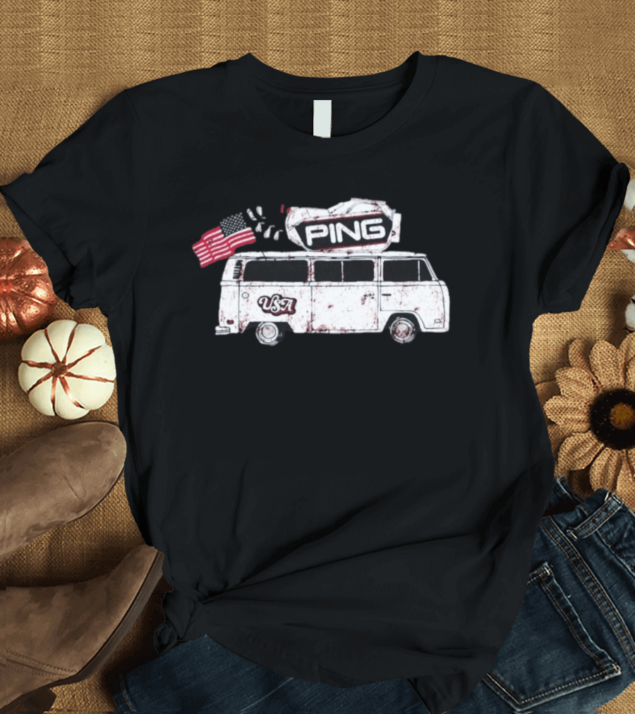 Ping USA Vintage Bus With American Flag And Surfboard T-Shirt
