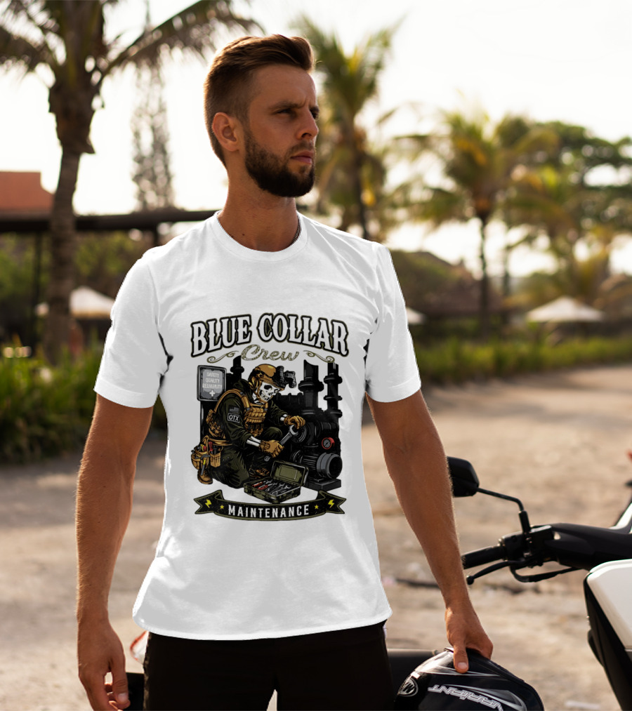 Blue Collar Crew Maintenance Skeleton Safety Quality Reliability T-Shirt