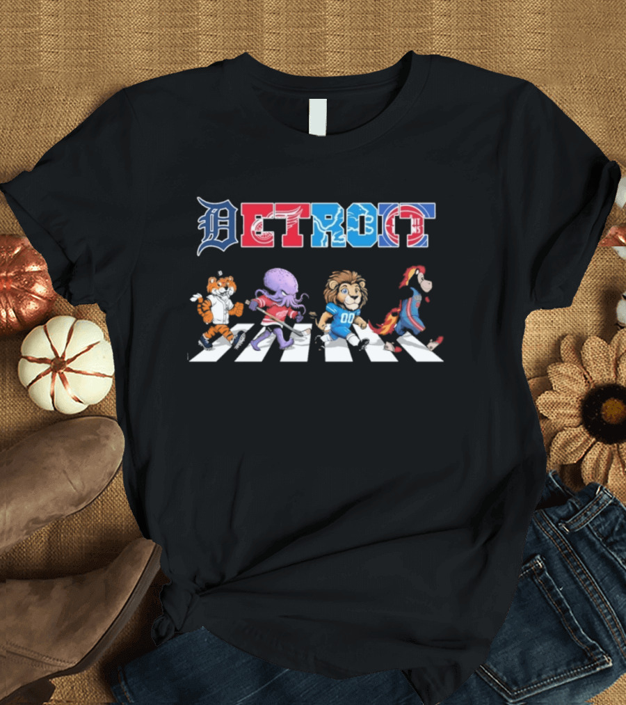 Detroit Tigers Red Wings Lions Pistons Mascots Walking Road T-Shirt