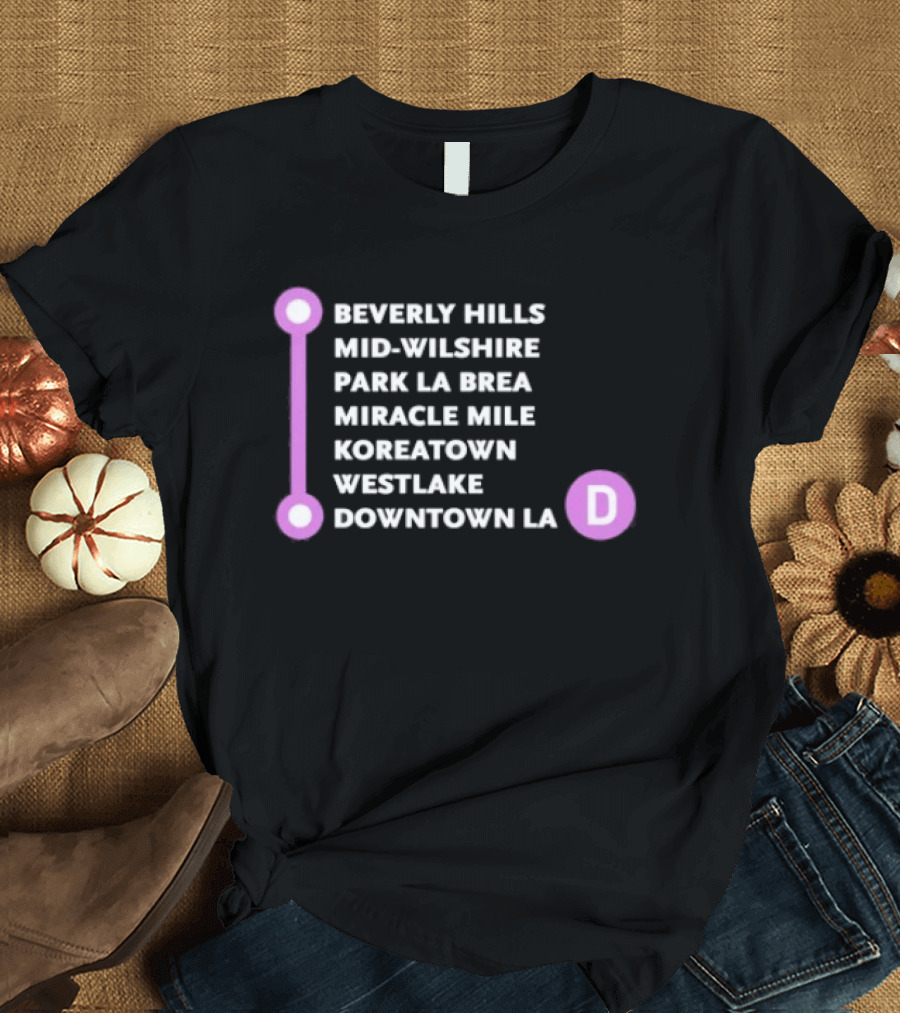 Beverly Hills Mid Wilshire Park La Brea Miracle Mile Koreatown Westlake Downtown LA D Map Purple Circle Route T-Shirt