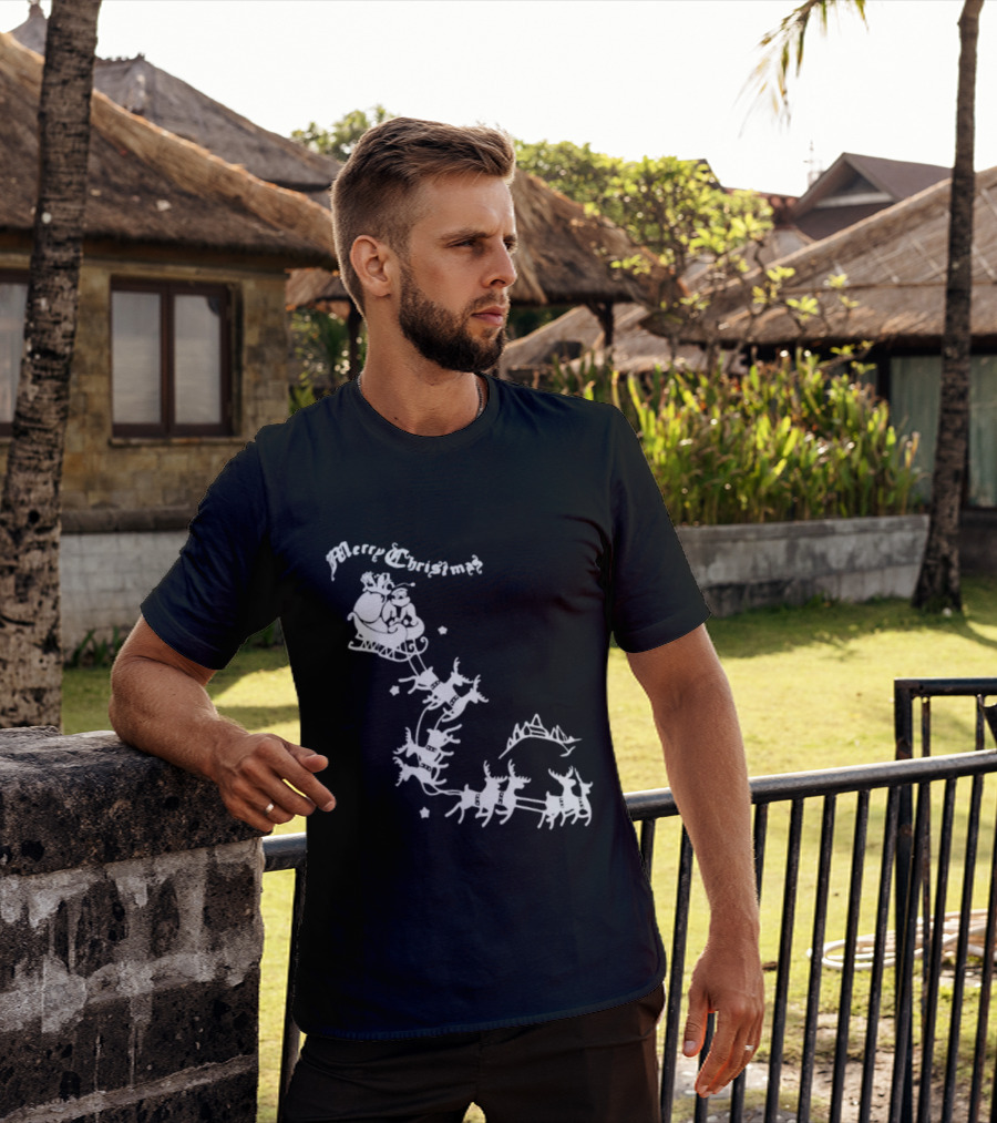 Merry Christmas Santa Sleigh Reindeer In Night Sky With Mountains Isla Gordon T-Shirt