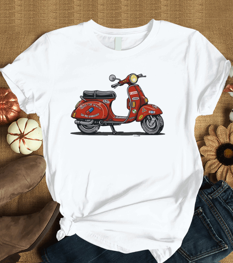 Kaneda's Vespa With Good For Health Sticker Citizen And Canon Shoei Arai Logos T-Shirt