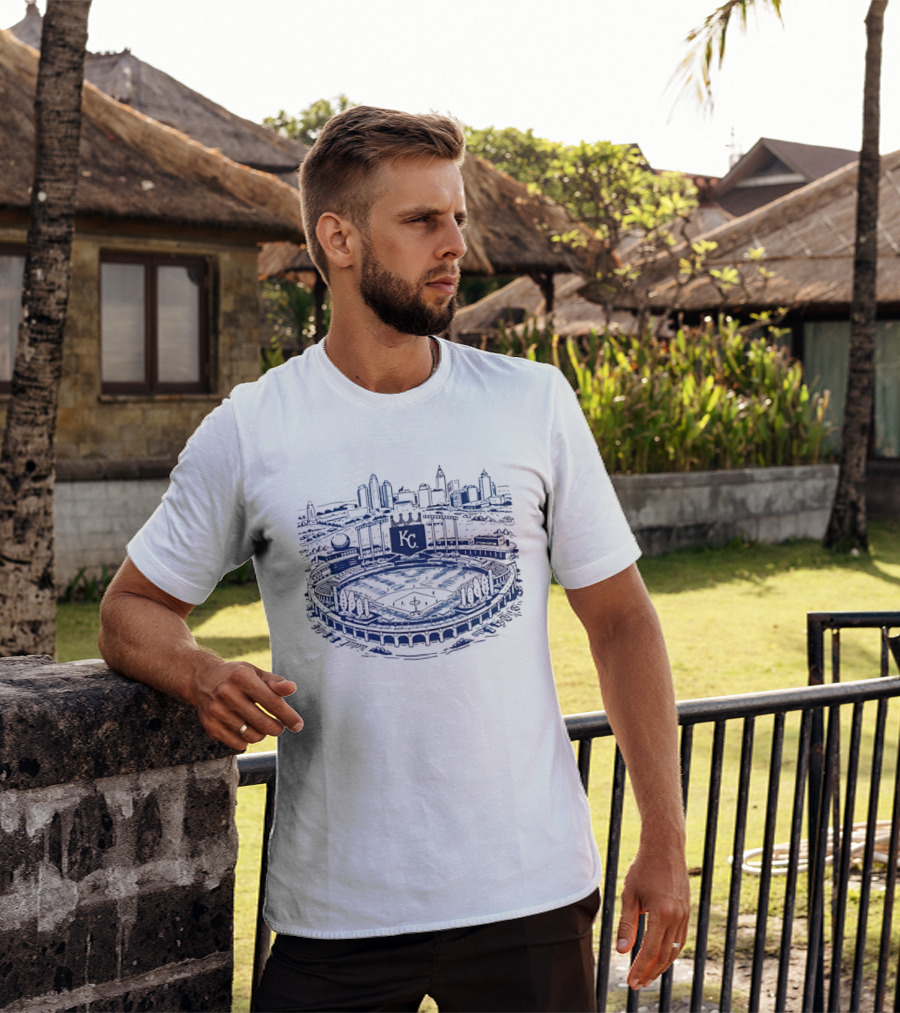 Kansas City Royals Kauffman Stadium Skyline Art Baseball Scene T-Shirt