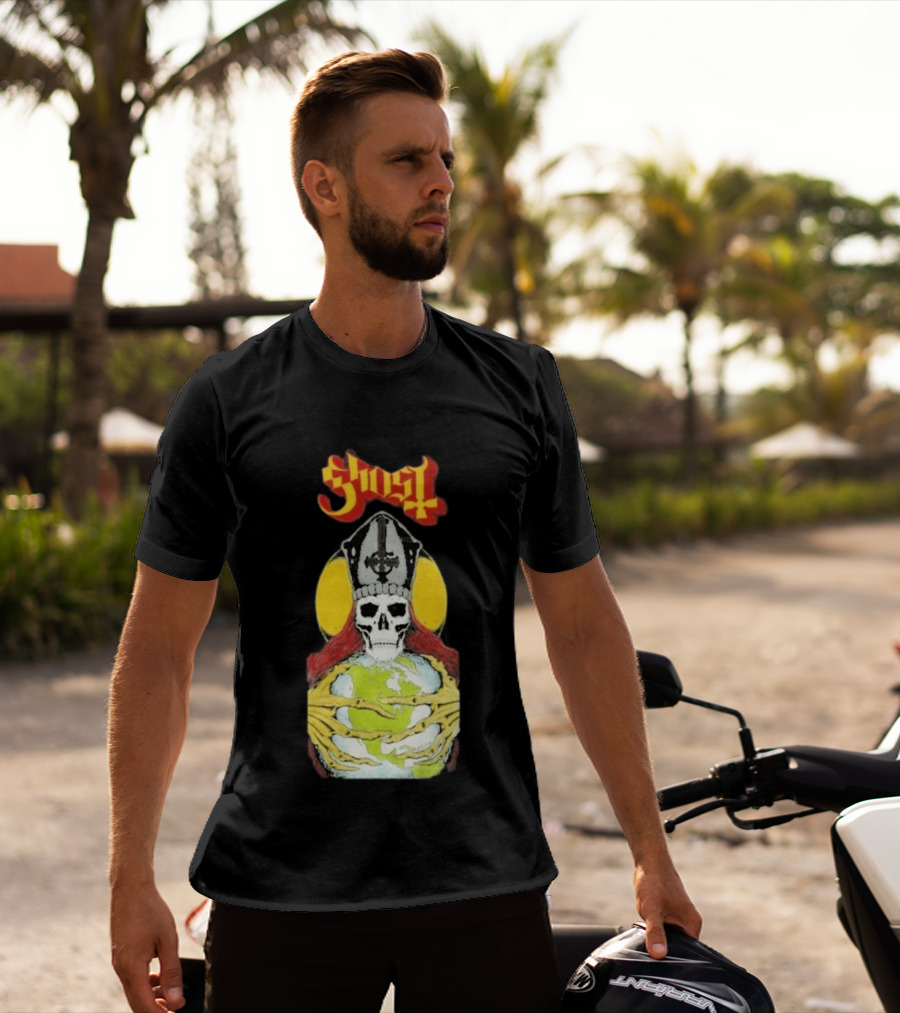 Ghost Skeleton Bishop Holding Earth Iconic Twisted Thread Ceremony T-Shirt