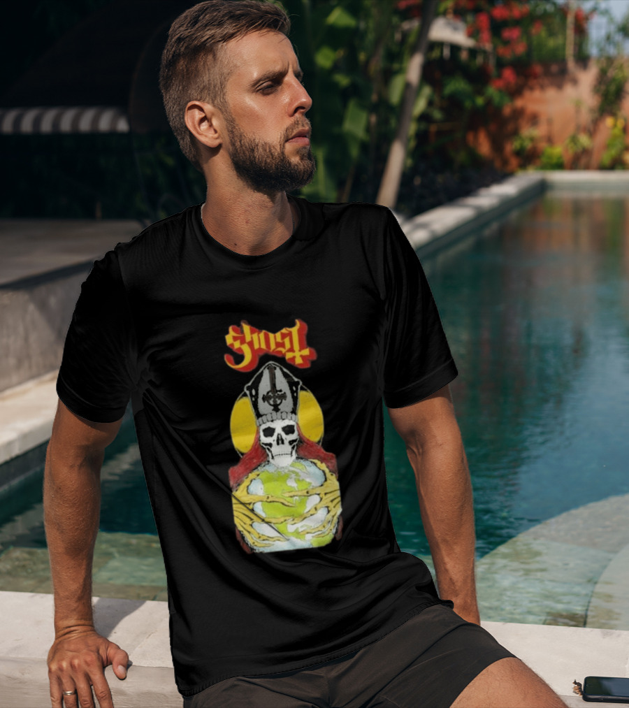 Ghost Skeleton Bishop Holding Earth Iconic Twisted Thread Ceremony T-Shirt