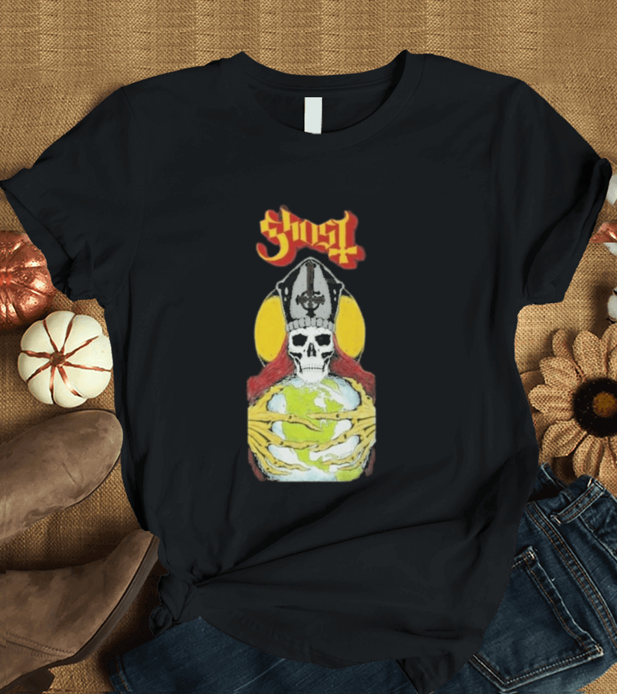 Ghost Skeleton Bishop Holding Earth Iconic Twisted Thread Ceremony T-Shirt