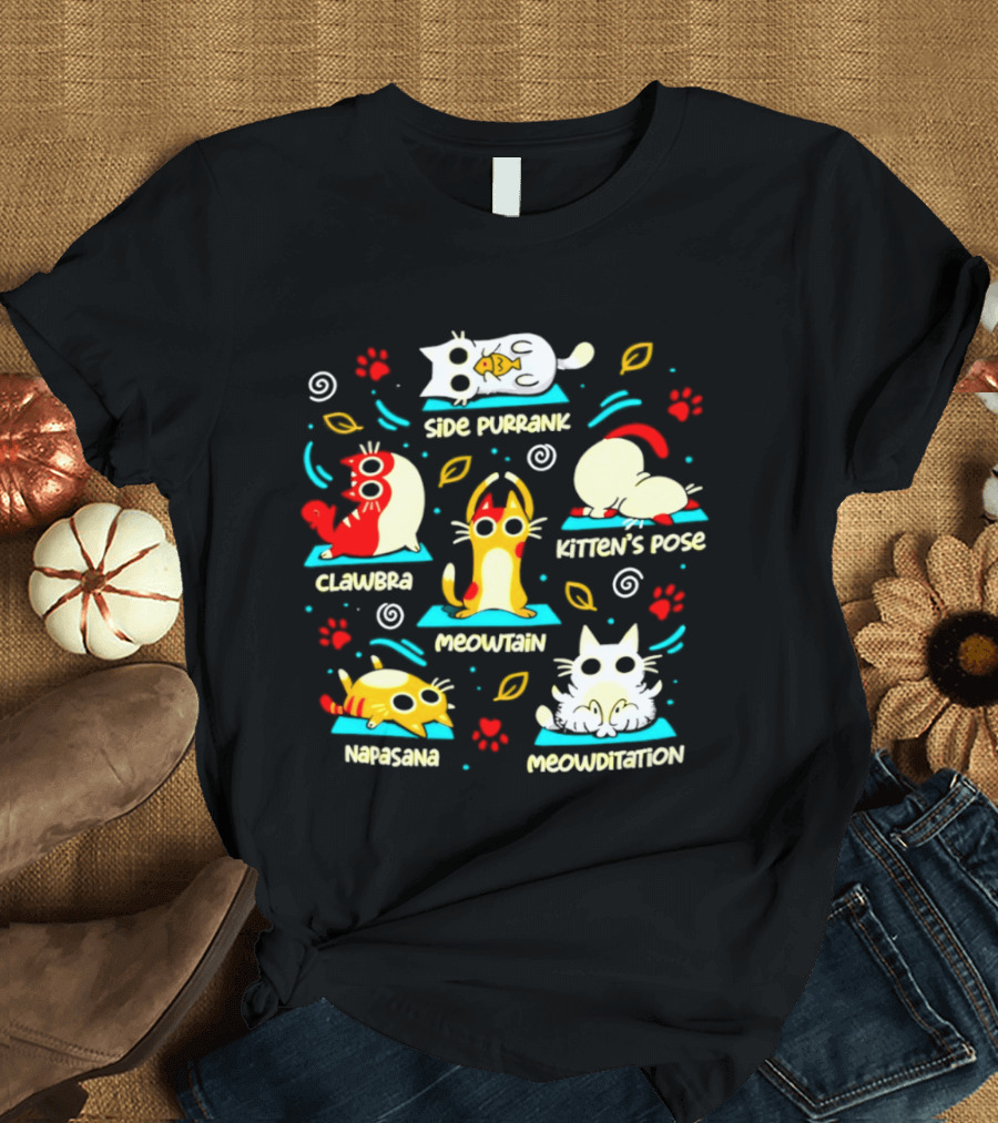Side Purrank Clawbra Kitten's Pose Meowtain Napasana Meowditation Cat Yoga Poses T-Shirt