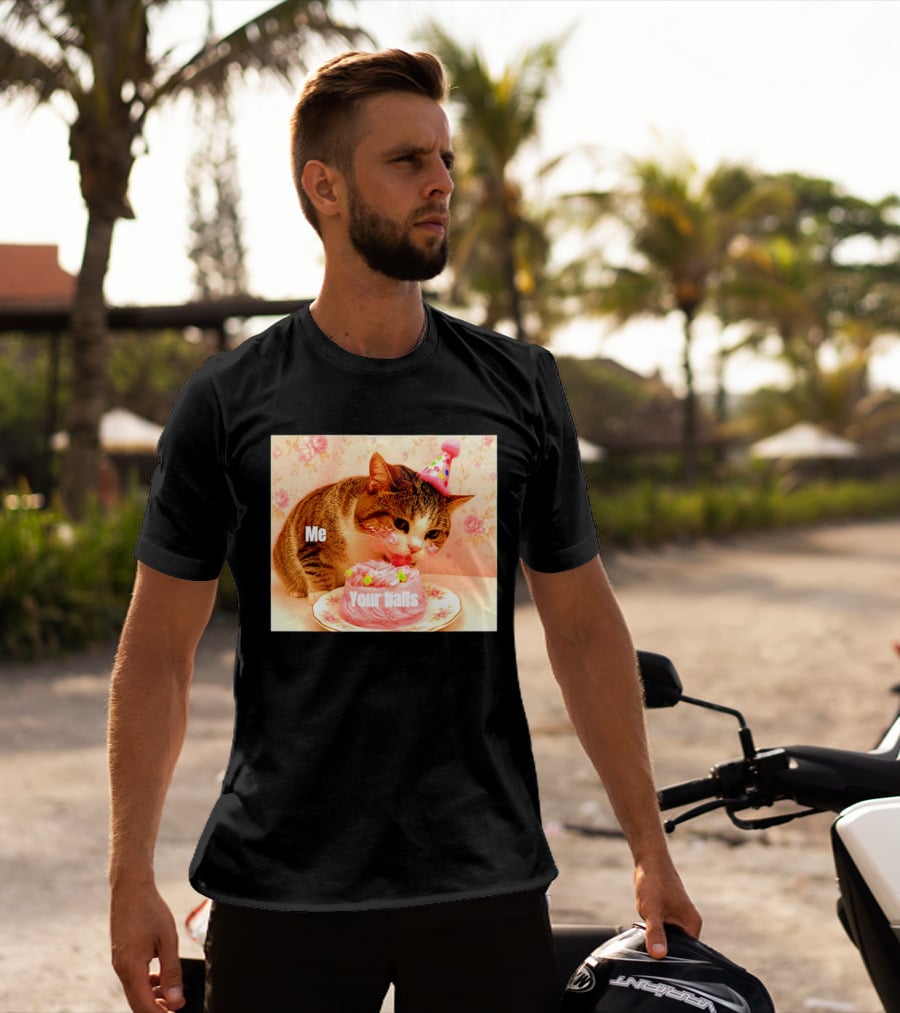 Me Your Balls Cat Eating Cake Party Hat T-Shirt