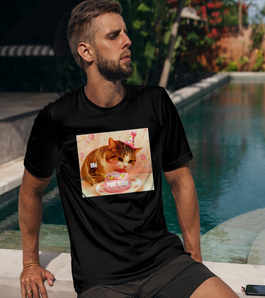 Me Your Balls Cat Eating Cake Party Hat T-Shirt