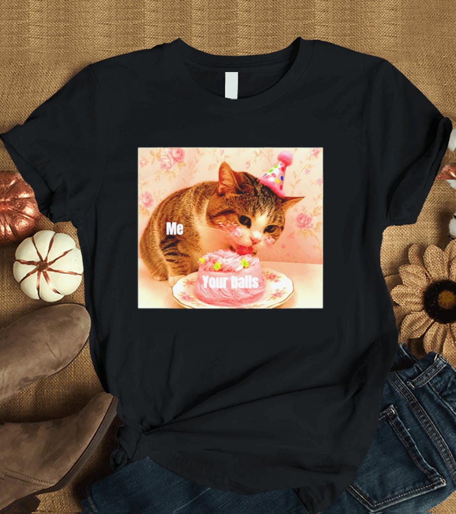 Me Your Balls Cat Eating Cake Party Hat T-Shirt