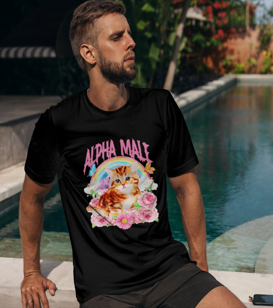 Alpha Male Kitten Rainbow Butterfly Floral Roses T-Shirt