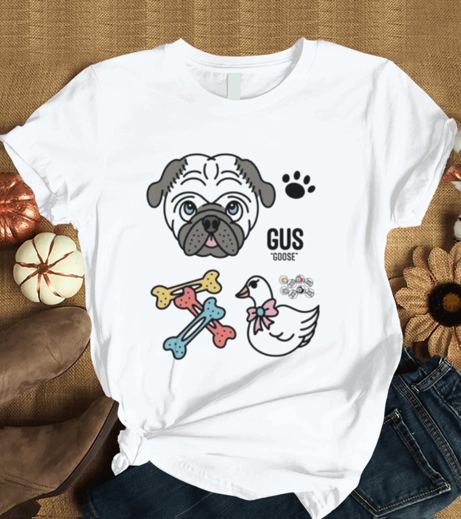 Pug Gus Goose Paw Print Bones And Bowed Goose T-Shirt
