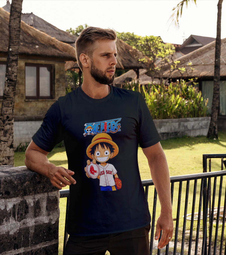 Monkey D. Luffy Red Sox One Piece Crossover Boston Baseball Collaboration T-Shirt