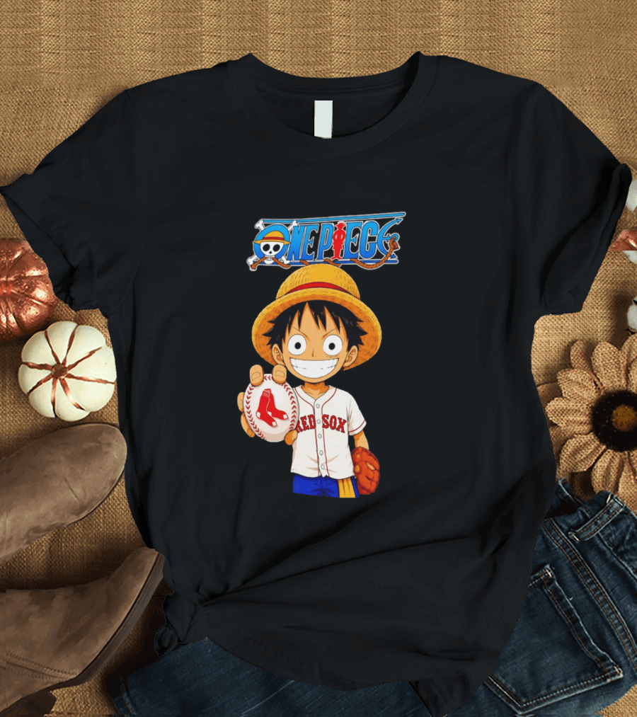 Monkey D. Luffy Red Sox One Piece Crossover Boston Baseball Collaboration T-Shirt
