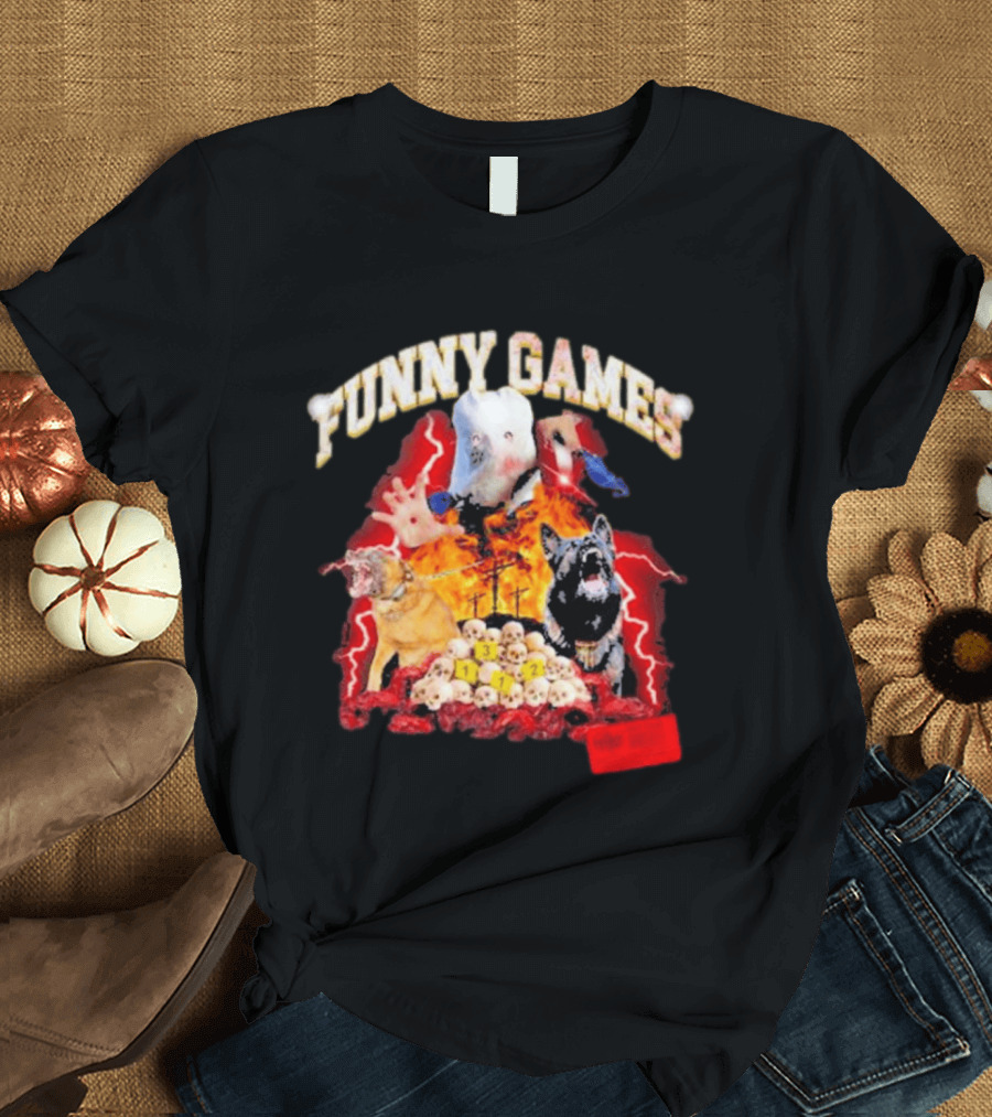 Funny Games Dog Skull Pile Fire Chaos T-Shirt