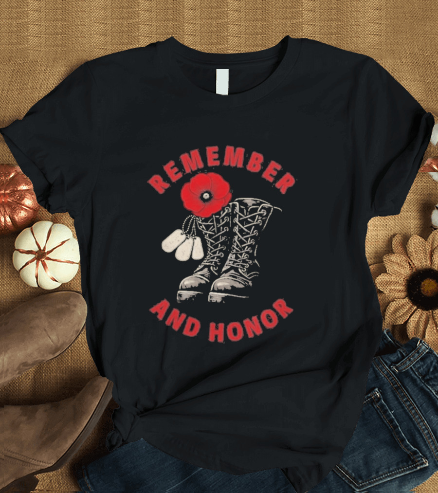 Memorial Day Remember And Honor Poppy Flower Military Boots T-Shirt