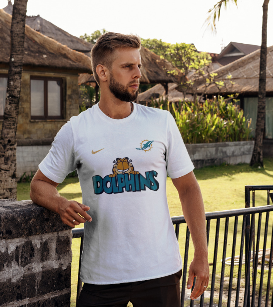 Nike Miami Dolphins Garfield Orange Cat çizim T-Shirt