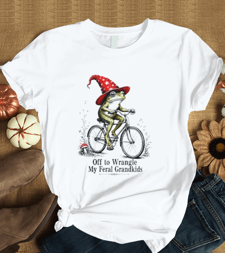 Off To Wrangle My Feral Grandkids Wizard Frog On Bicycle With Red Hat T-Shirt